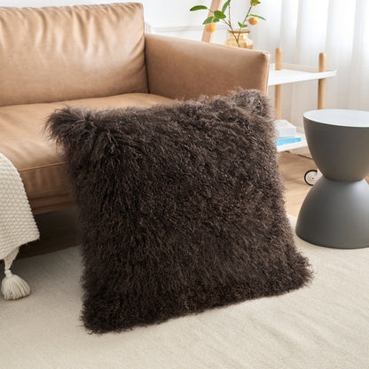 Espresso Brown Mongolian Lamb Fur Pillow | Soft Curly Luxury Accent Pillow