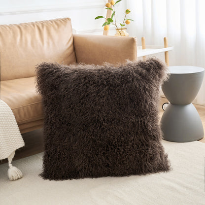 Espresso Brown Mongolian Lamb Fur Pillow | Soft Curly Luxury Accent Pillow