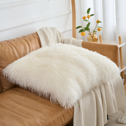 Natural White Mongolian Lamb Fur Pillow | Soft Curly Luxury Accent Pillow