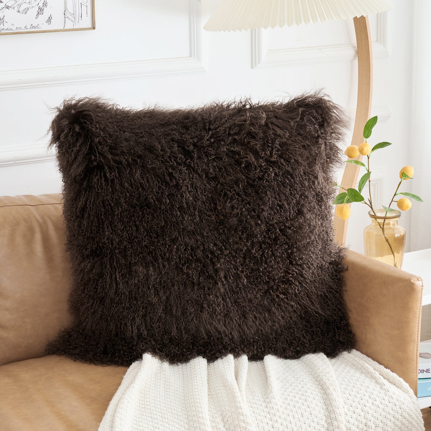 Espresso Brown Mongolian Lamb Fur Pillow | Soft Curly Luxury Accent Pillow