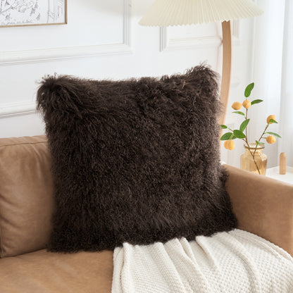 Espresso Brown Mongolian Lamb Fur Pillow | Soft Curly Luxury Accent Pillow