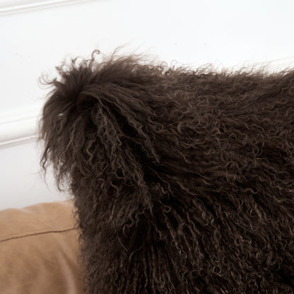 Espresso Brown Mongolian Lamb Fur Pillow | Soft Curly Luxury Accent Pillow
