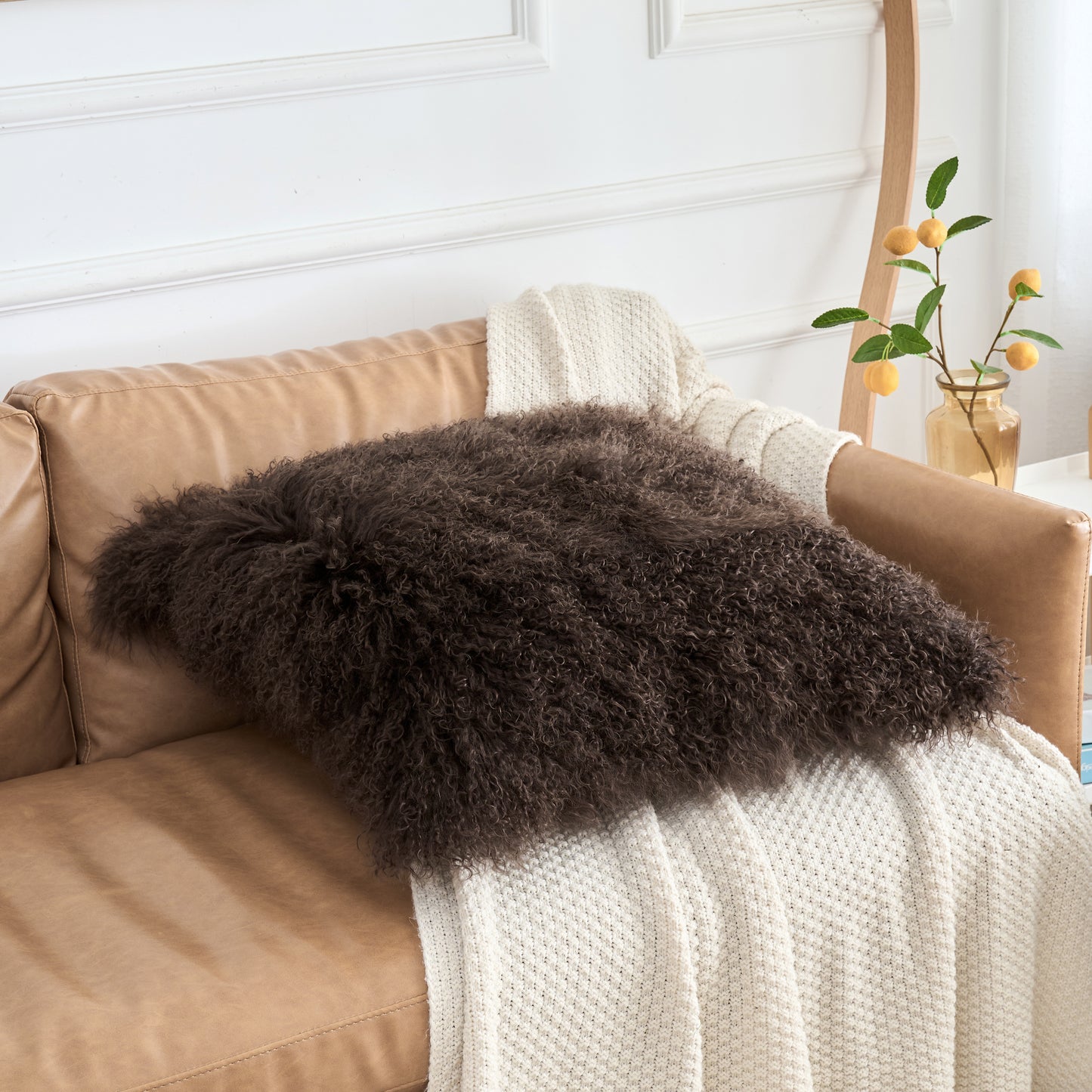 Espresso Brown Mongolian Lamb Fur Pillow | Soft Curly Luxury Accent Pillow