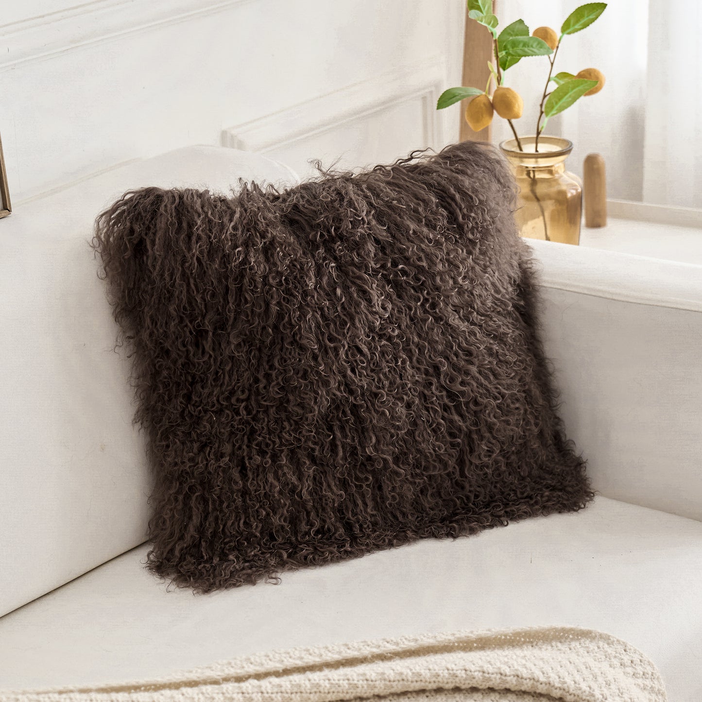 Espresso Brown Mongolian Lamb Fur Pillow | Soft Curly Luxury Accent Pillow