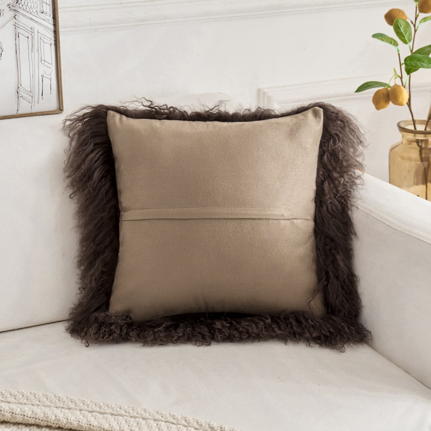 Espresso Brown Mongolian Lamb Fur Pillow | Soft Curly Luxury Accent Pillow