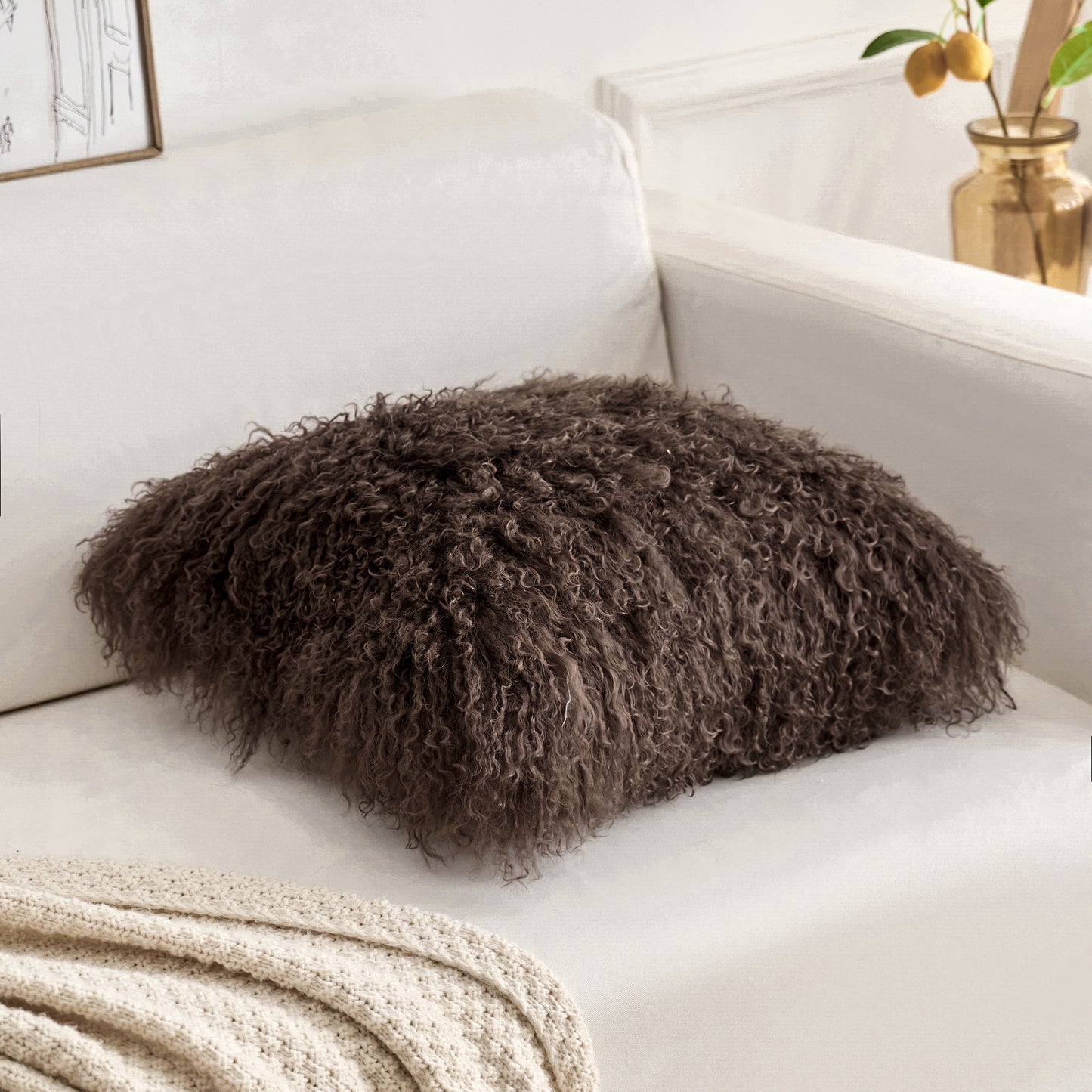 Espresso Brown Mongolian Lamb Fur Pillow | Soft Curly Luxury Accent Pillow