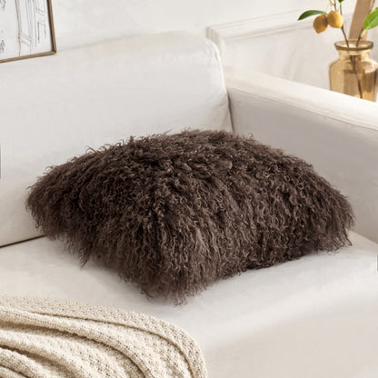 Espresso Brown Mongolian Lamb Fur Pillow | Soft Curly Luxury Accent Pillow