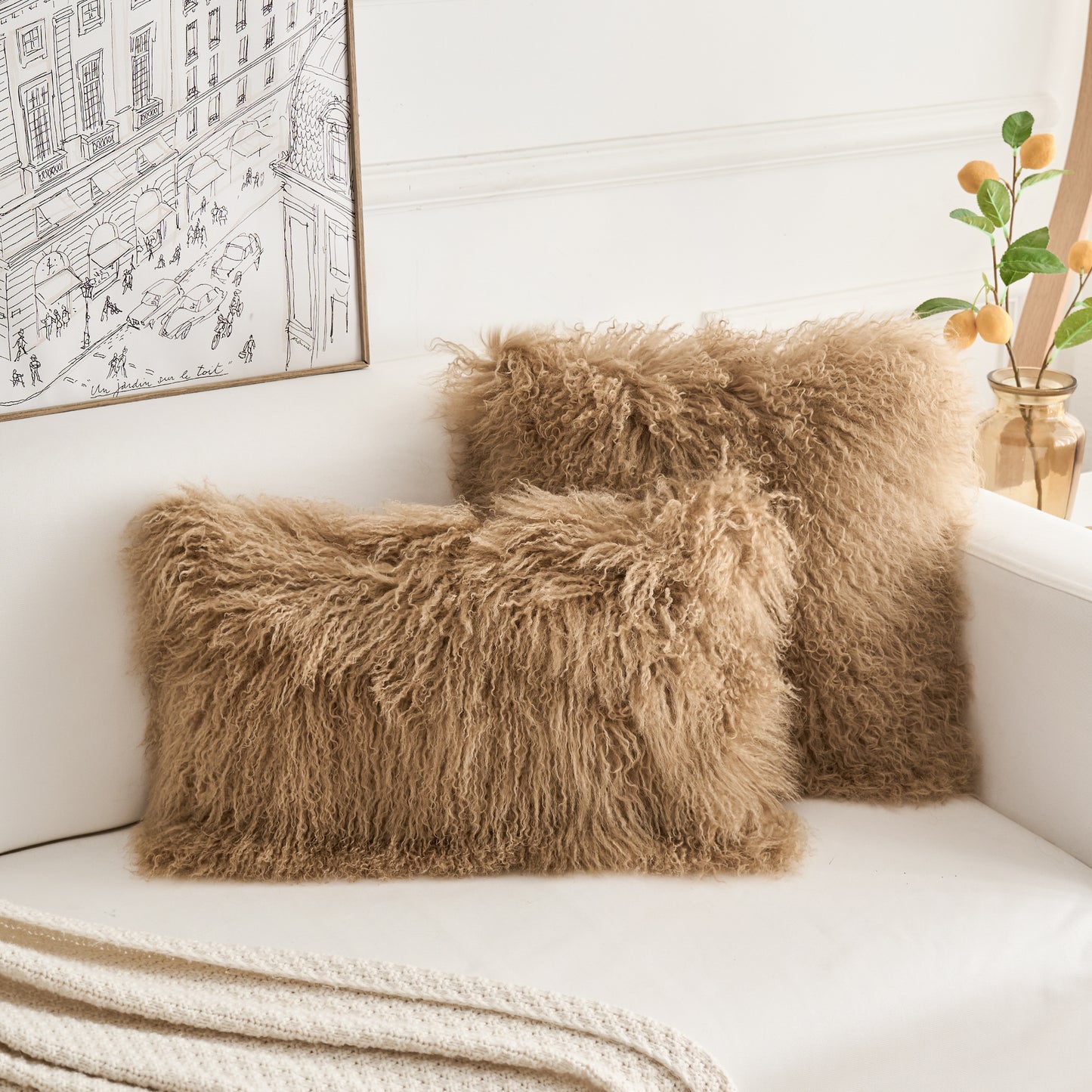 Tibetan/Mongolian Lamb Fur Pillow Cover Dark Beige