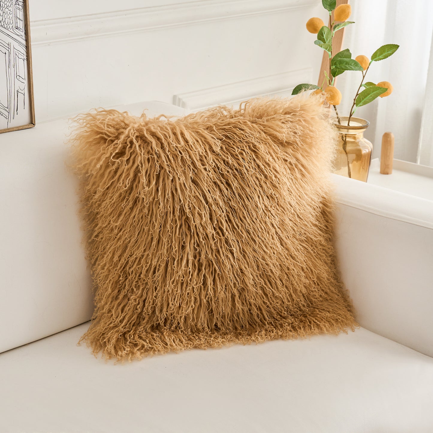 Mongolian Lamb Fur Pillow – Toffee | Soft Luxury Throw Pillow | Multiple Sizes Available