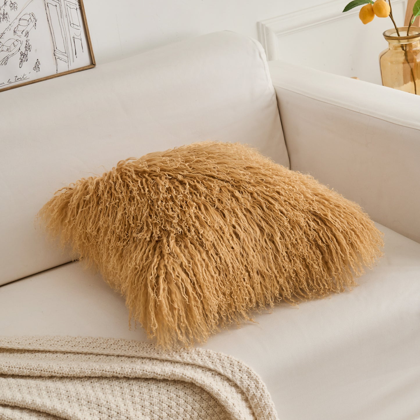 Mongolian Lamb Fur Pillow – Toffee | Soft Luxury Throw Pillow | Multiple Sizes Available