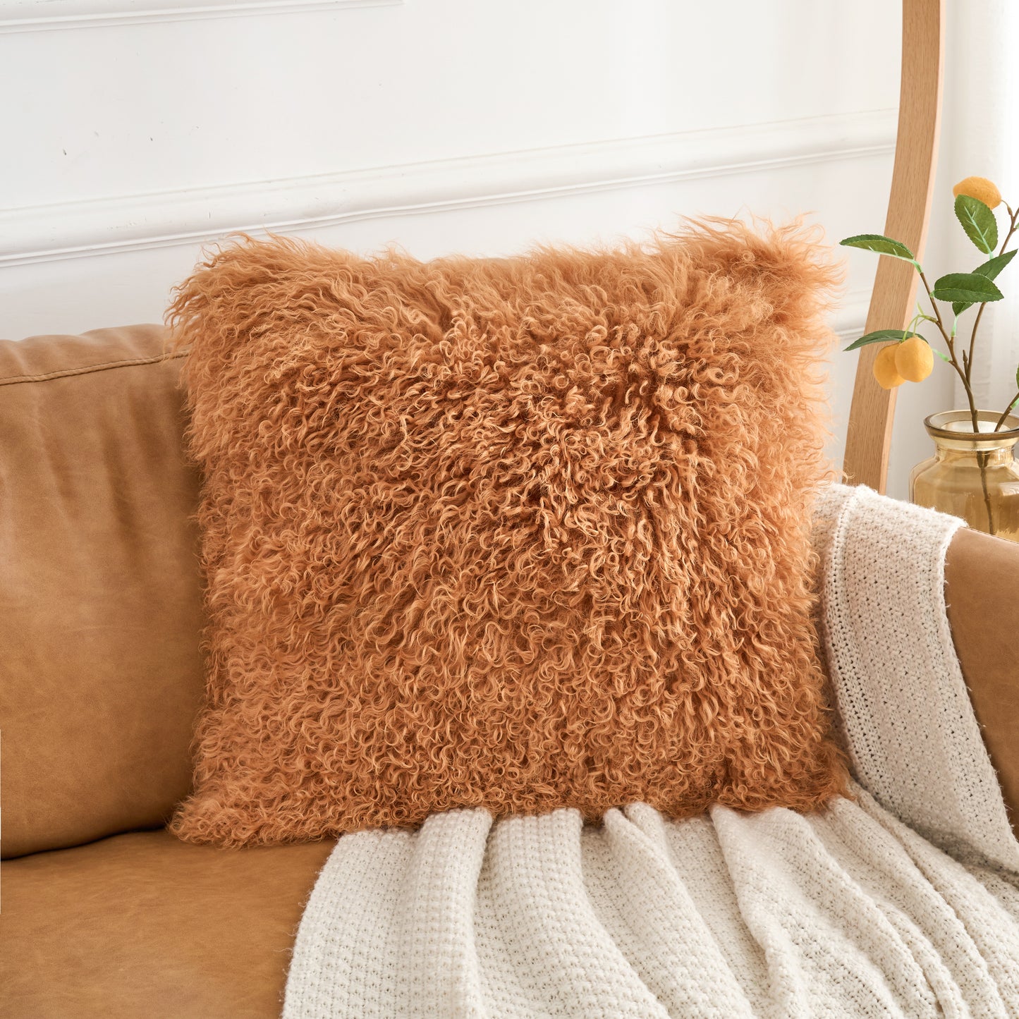 Mongolian Lamb Fur Pillow – Curcumin Yellow | Soft Luxury Throw Pillow | Multiple Sizes Available