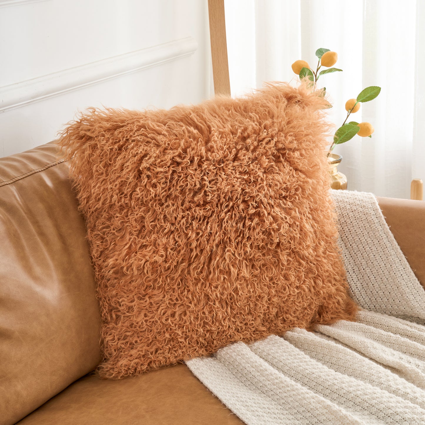Mongolian Lamb Fur Pillow – Curcumin Yellow | Soft Luxury Throw Pillow | Multiple Sizes Available