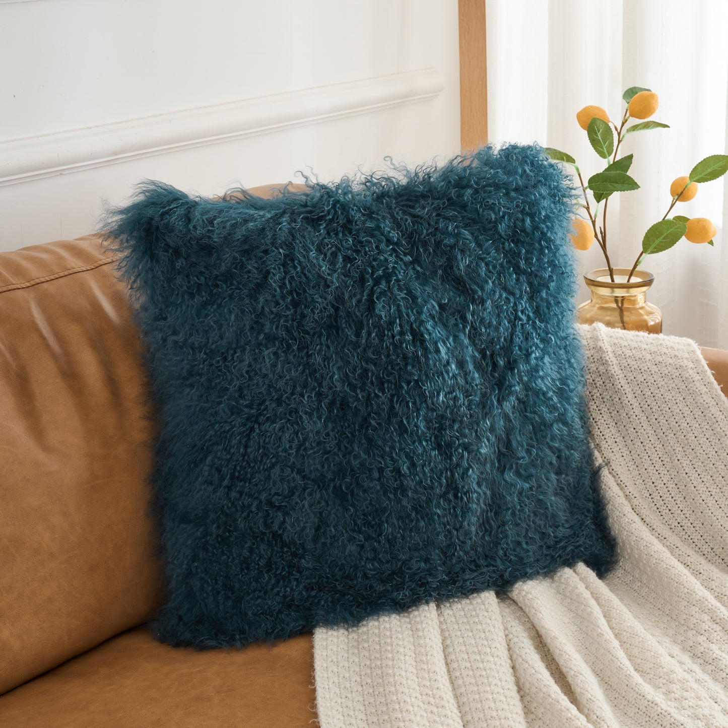 Tibetan/Mongolian Lamb Fur Pillow Cover Ink Blue