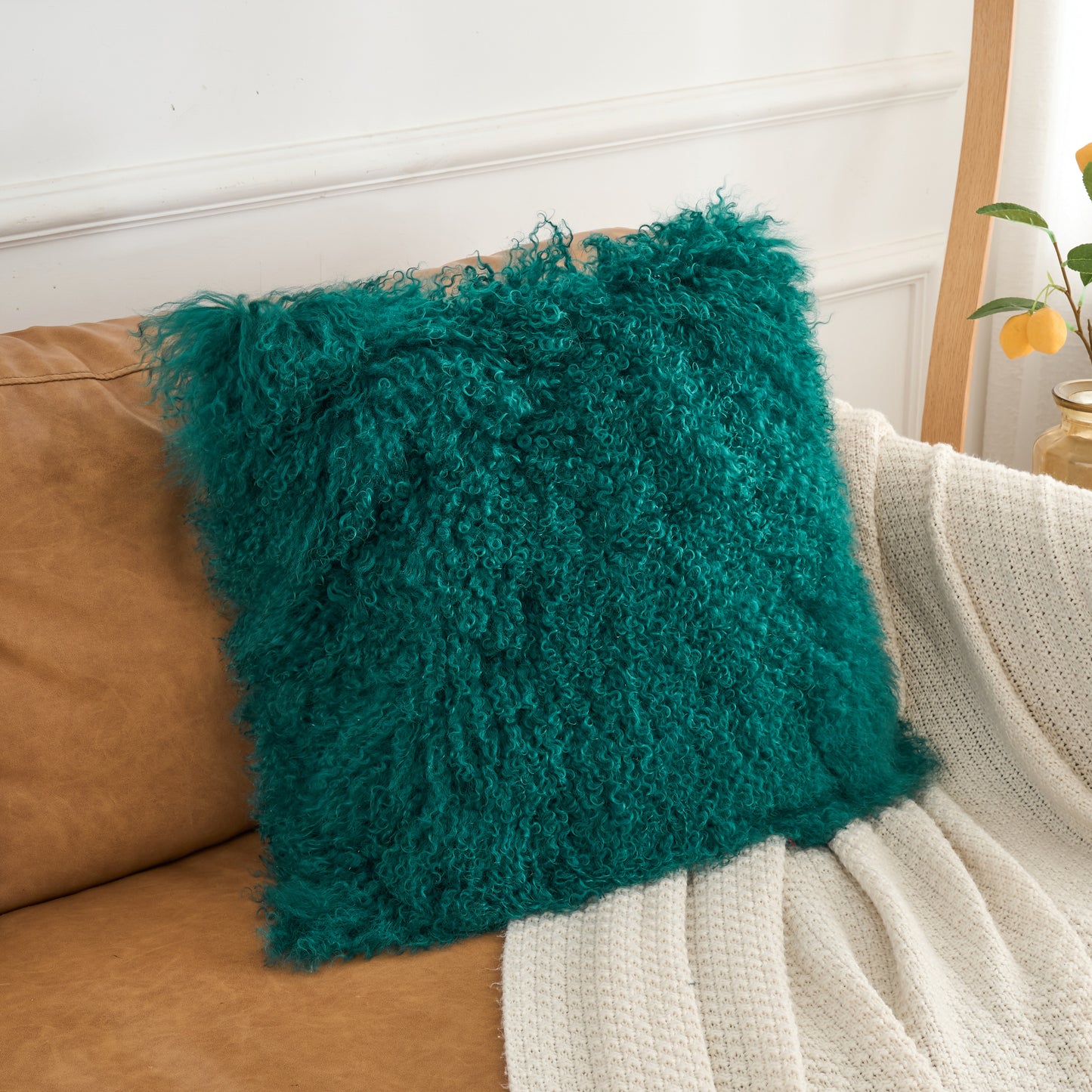 Mongolian Lamb Fur Pillow – Teal | Soft Luxury Throw Pillow | Multiple Sizes Available
