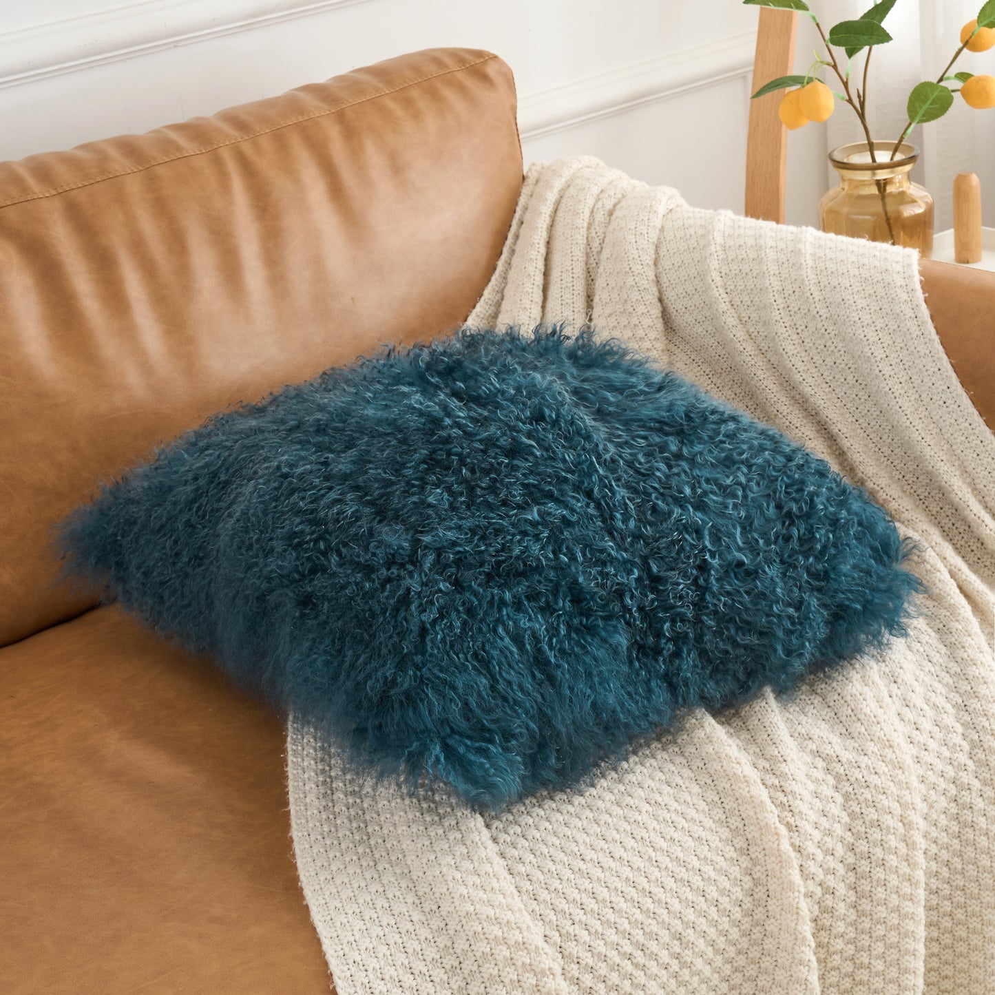 Tibetan/Mongolian Lamb Fur Pillow Cover Ink Blue