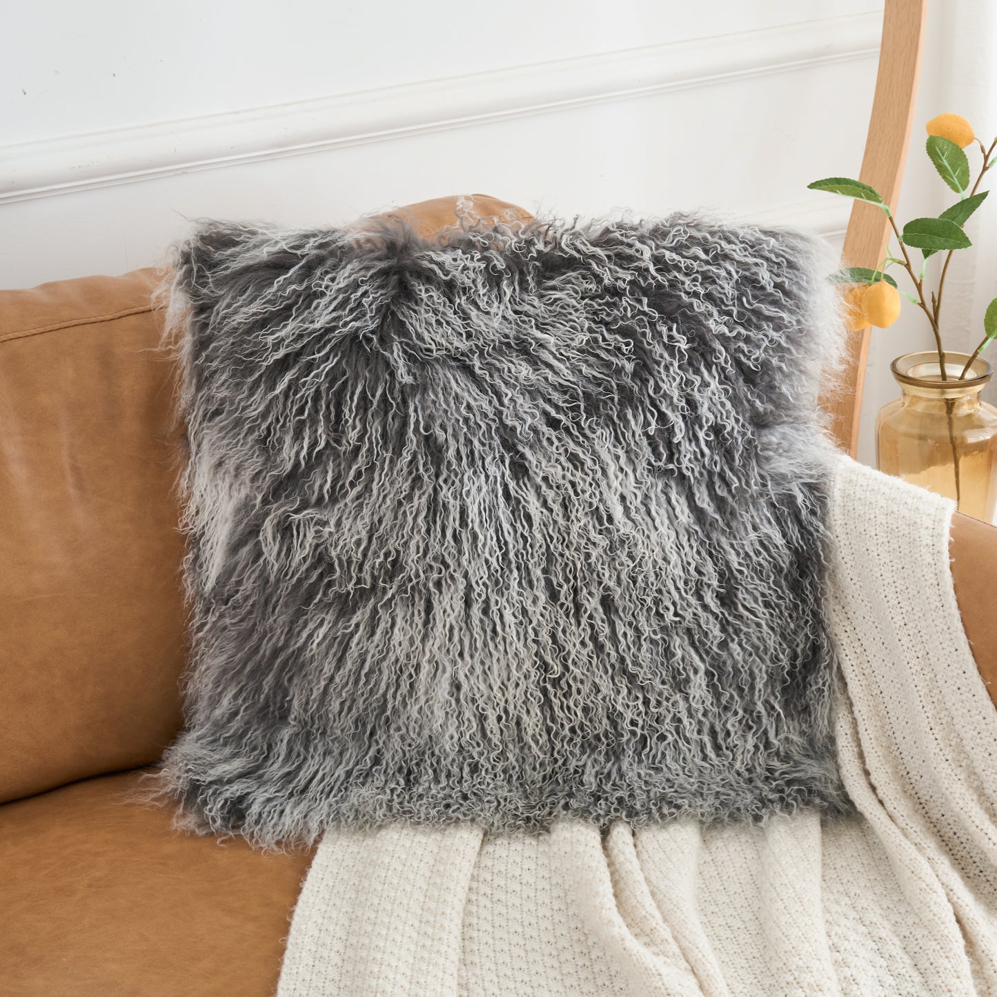 Mongolian Lamb Fur Pillow – Frosted Grey | Soft Luxury Throw Pillow | Multiple Sizes Available