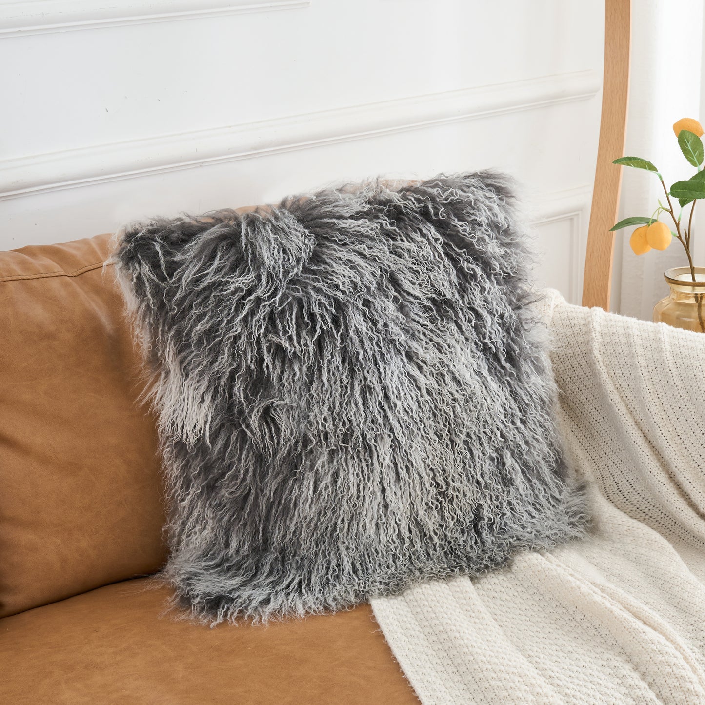 Mongolian Lamb Fur Pillow – Frosted Grey | Soft Luxury Throw Pillow | Multiple Sizes Available