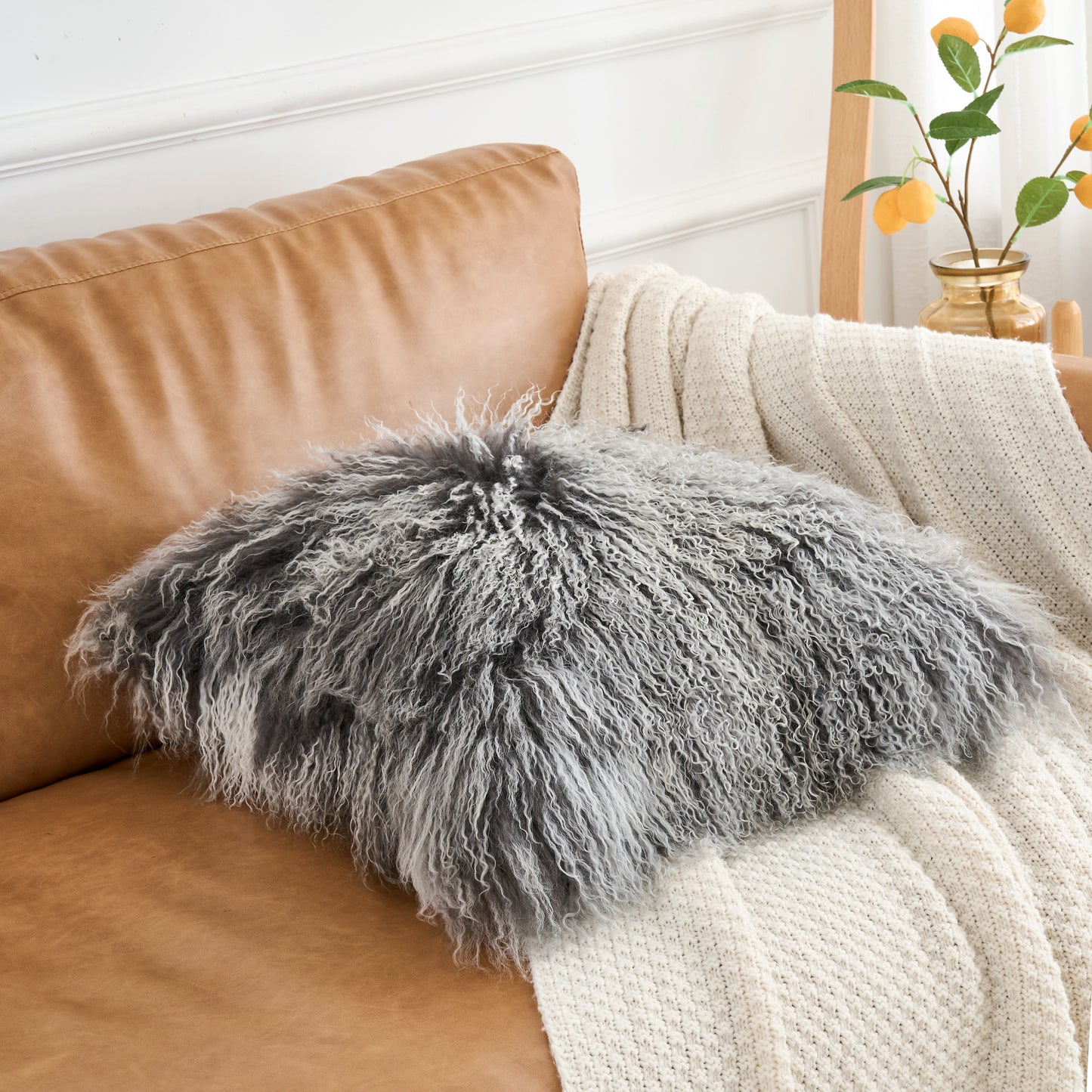 Mongolian Lamb Fur Pillow – Frosted Grey | Soft Luxury Throw Pillow | Multiple Sizes Available