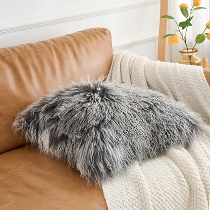 Mongolian Lamb Fur Pillow – Frosted Grey | Soft Luxury Throw Pillow | Multiple Sizes Available