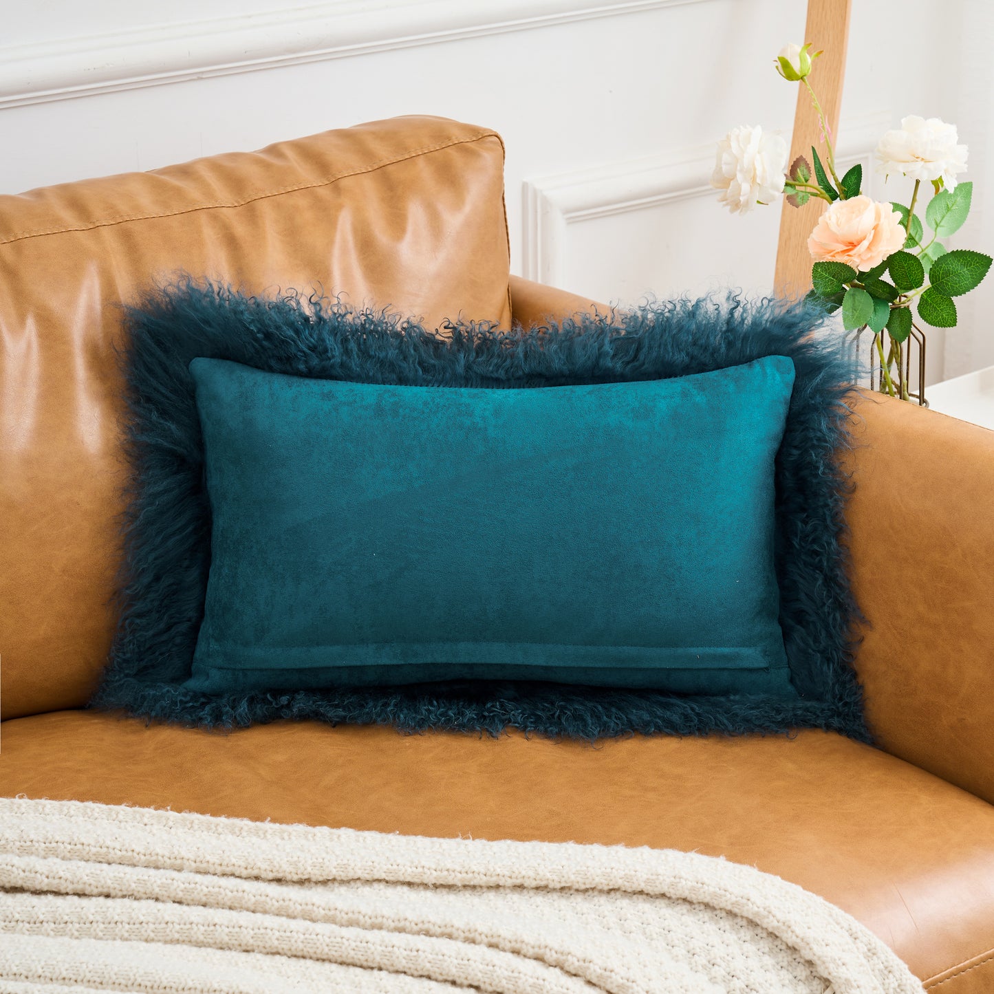 Tibetan/Mongolian Lamb Fur Pillow Cover Ink Blue