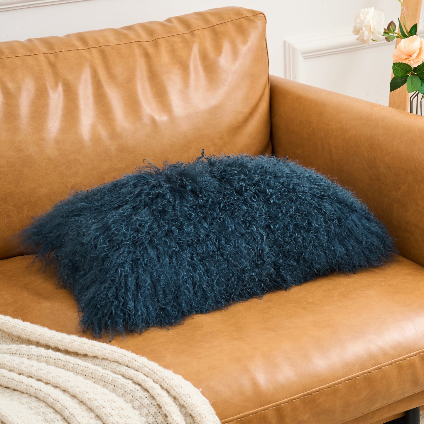 Tibetan/Mongolian Lamb Fur Pillow Cover Ink Blue