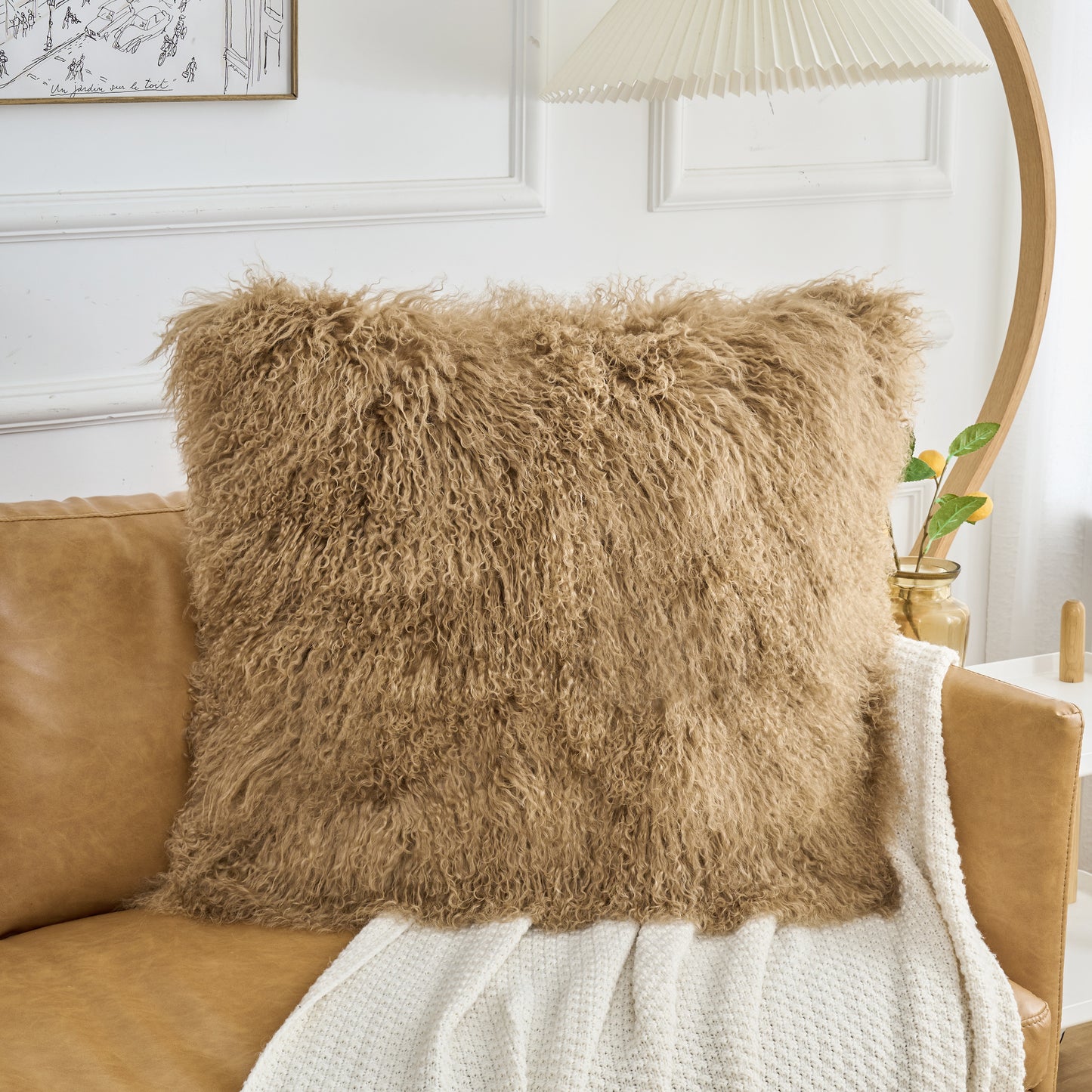Tibetan/Mongolian Lamb Fur Pillow Cover Dark Beige