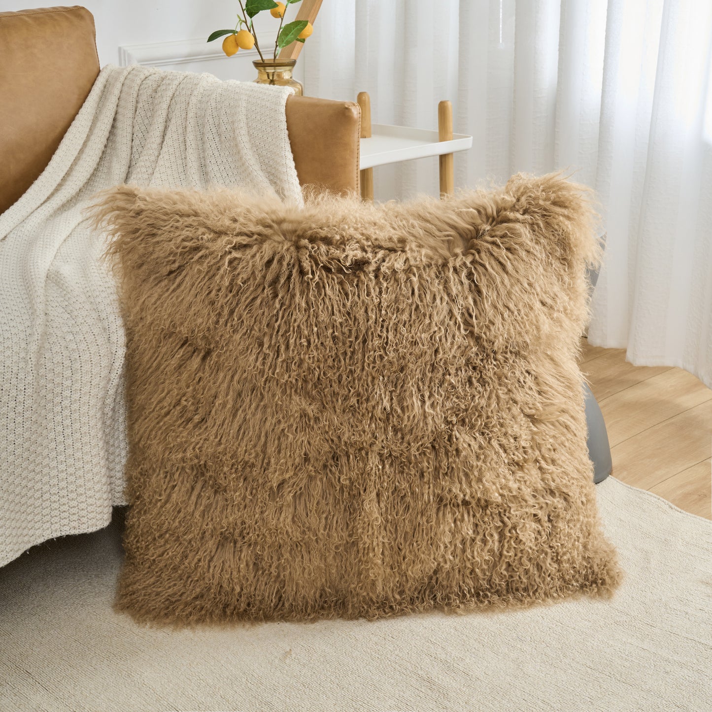 Tibetan/Mongolian Lamb Fur Pillow Cover Dark Beige