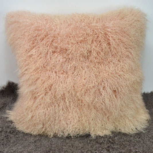 Housse de coussin en fourrure d'agneau tibétaine/mongole rose poussiéreux 