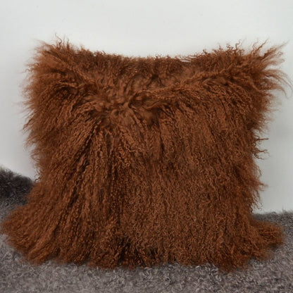 Housse de coussin en fourrure d'agneau tibétaine/mongole Moka 