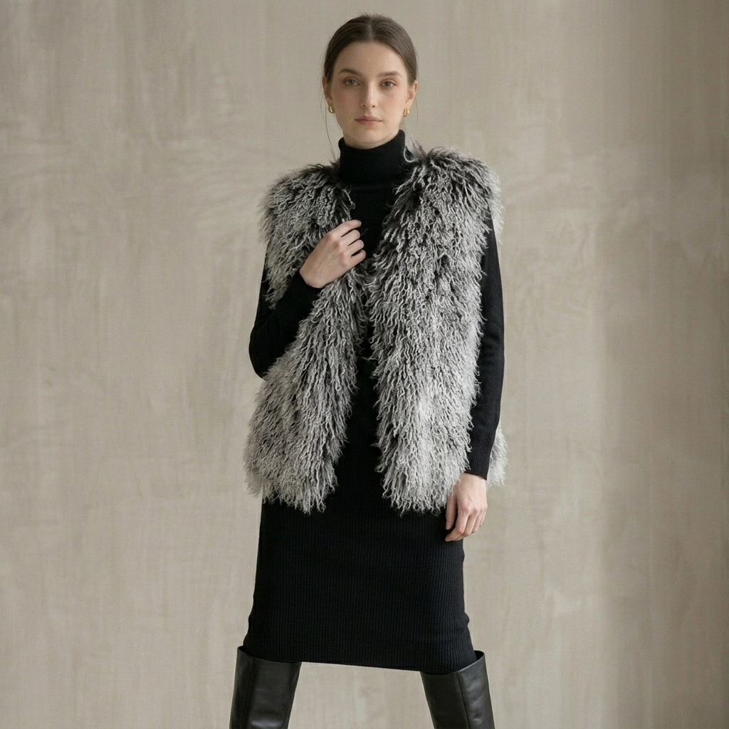 Frosted Grey Mongolian Lamb Fur Vest – 26 Inch Genuine Curly Lamb Fur Vest
