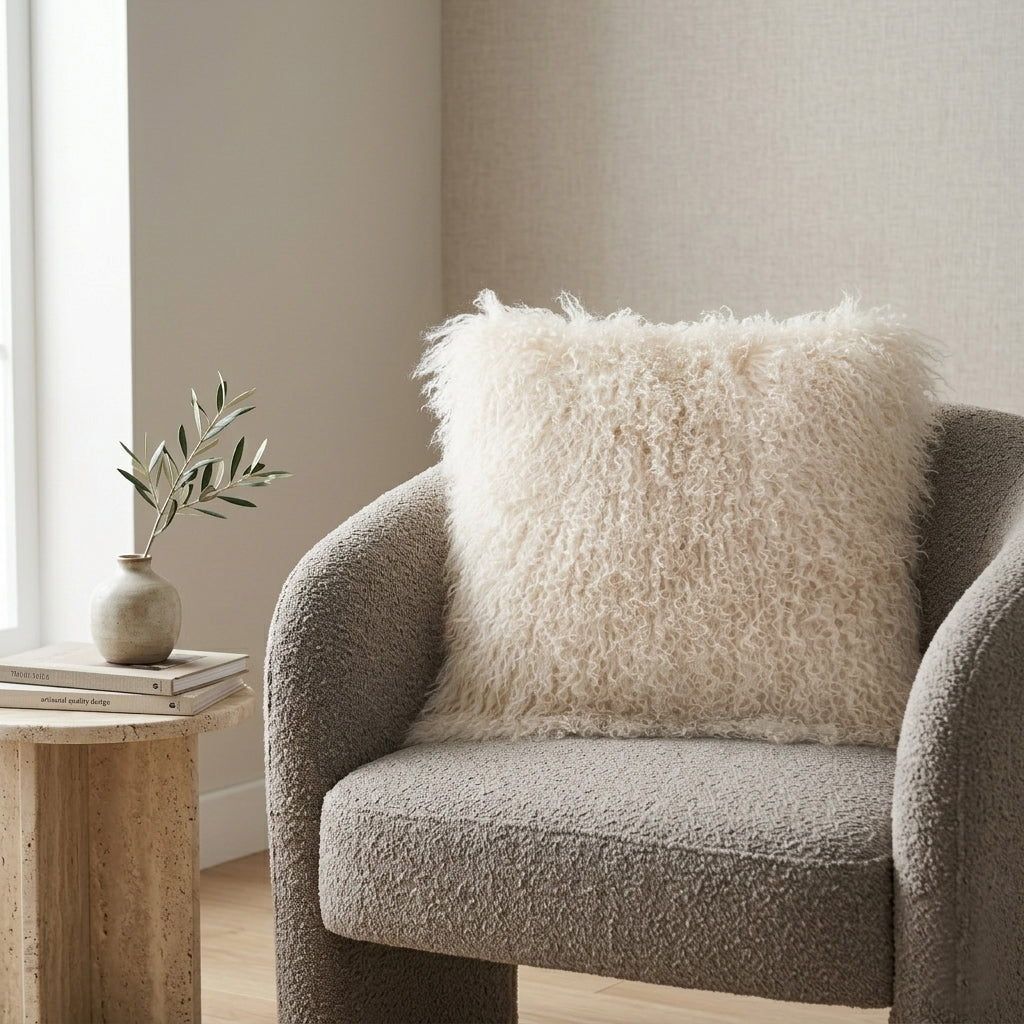 Mongolian Lamb Fur Pillow – Beige| Soft Luxury Throw Pillow | Multiple Sizes Available