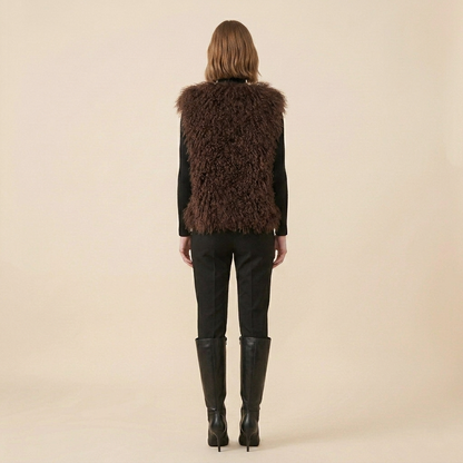 Genuine Chocolate Brown Mongolian Lamb Fur Vest – 21 Inch Luxury Curly Fur Vest
