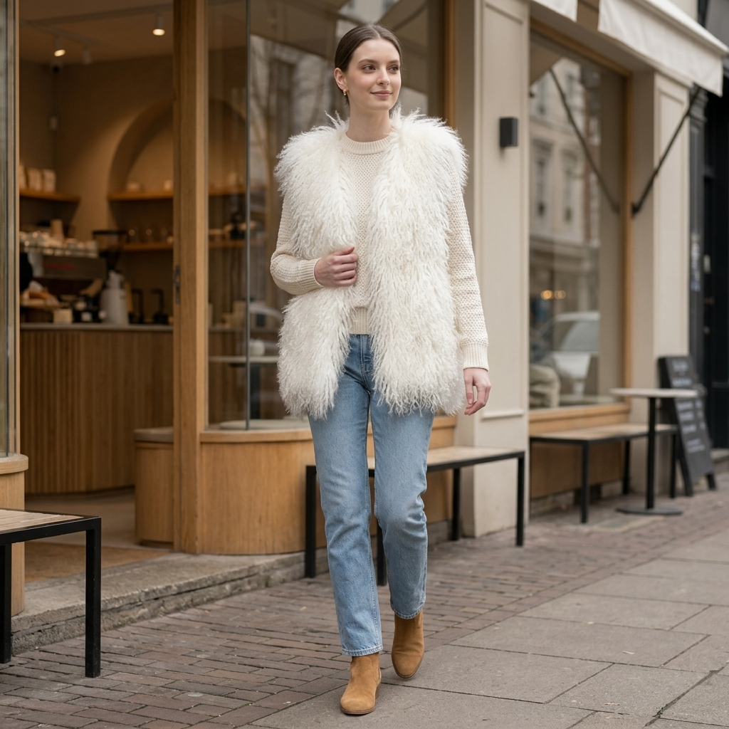 Genuine Natural White Mongolian Lamb Fur Vest – 26 Inch Luxury Curly Fur Vest