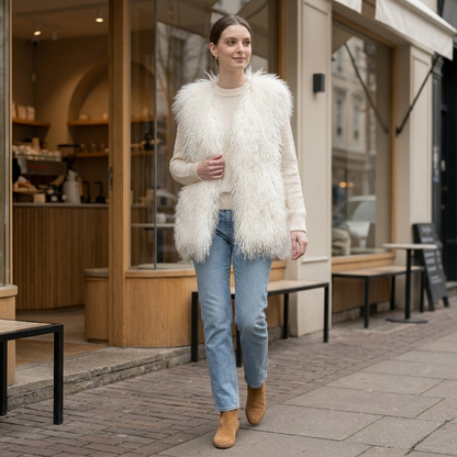 Genuine Natural White Mongolian Lamb Fur Vest – 26 Inch Luxury Curly Fur Vest