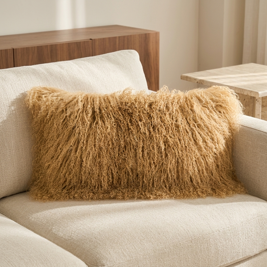 Toffee Mongolian Lamb Fur Lumbar Pillow | 12x20