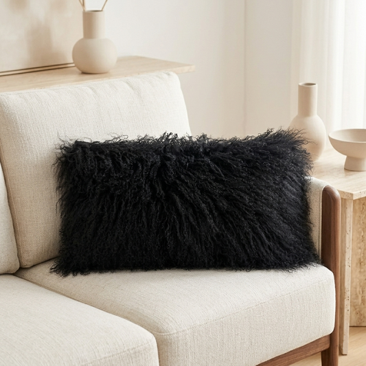 Housse de coussin en fourrure d'agneau tibétaine/mongole noire 