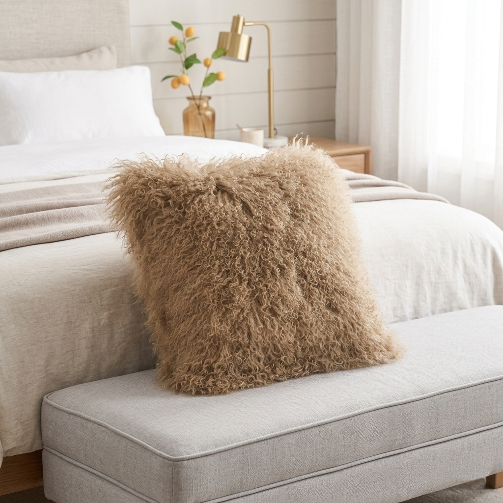 Mongolian Lamb Fur Pillow – Dark Beige| Soft Luxury Throw Pillow | Multiple Sizes Available