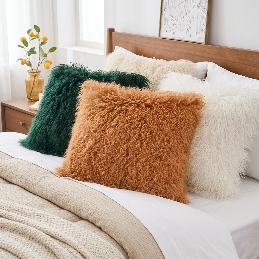 Mongolian Lamb Fur Pillow – Curcumin Yellow | Soft Luxury Throw Pillow | Multiple Sizes Available