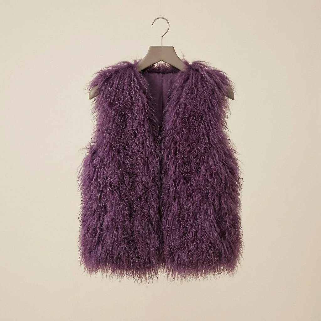 Genuine Mulled Wine Mongolian Lamb Fur Vest – 21 Inch Luxury Curly Fur Vest