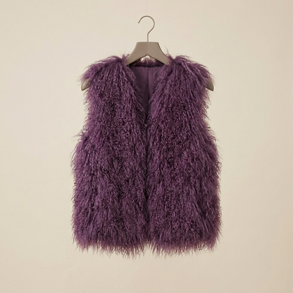 Genuine Mulled Wine Mongolian Lamb Fur Vest – 21 Inch Luxury Curly Fur Vest