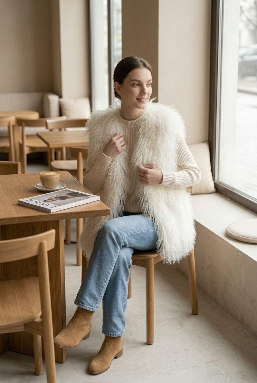 Genuine Natural White Mongolian Lamb Fur Vest – 26 Inch Luxury Curly Fur Vest