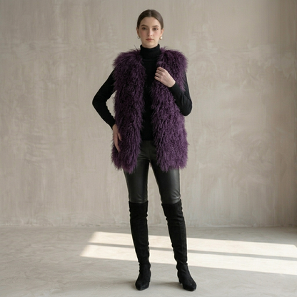 Dusty Plum Mongolian Lamb Fur Vest – 26 Inch Genuine Curly Lamb Fur Vest