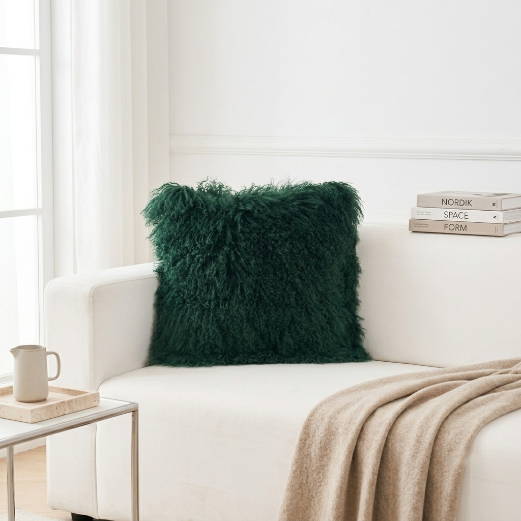Mongolian Lamb Fur Pillow – Vintage Green | Soft Luxury Throw Pillow | Multiple Sizes Available