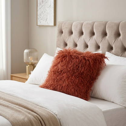 Mongolian Lamb Fur Pillow – Rusty Red | Soft Luxury Throw Pillow | Multiple Sizes Available