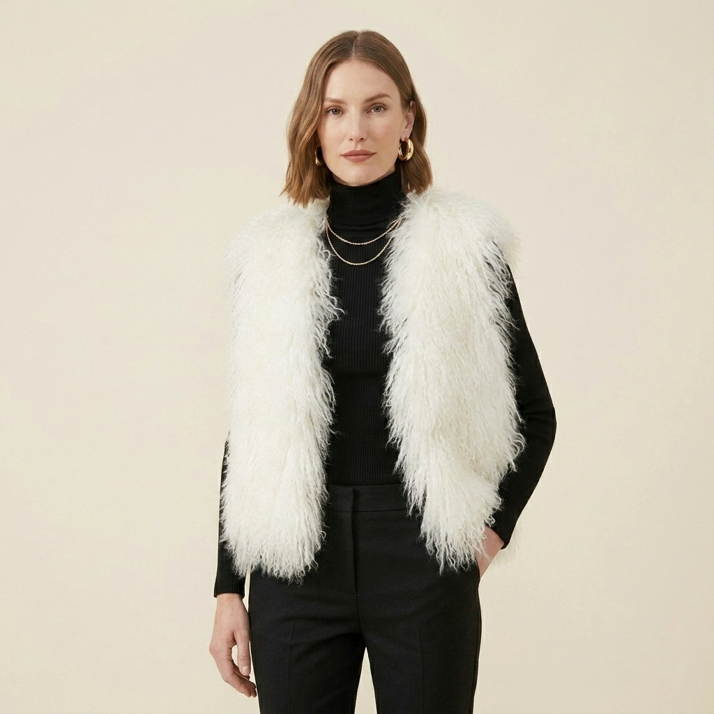 Genuine Natural White Mongolian Lamb Fur Vest – 21 Inch Luxury Curly Fur Vest
