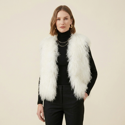 Genuine Natural White Mongolian Lamb Fur Vest – 21 Inch Luxury Curly Fur Vest