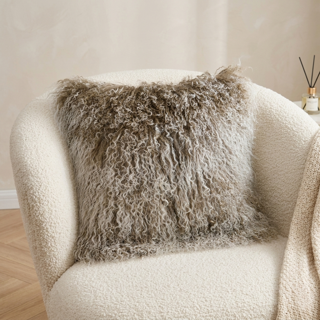 Mongolian Lamb Fur Pillow – Sage Green with White Tips  | Soft Luxury Throw Pillow | Multiple Sizes Available