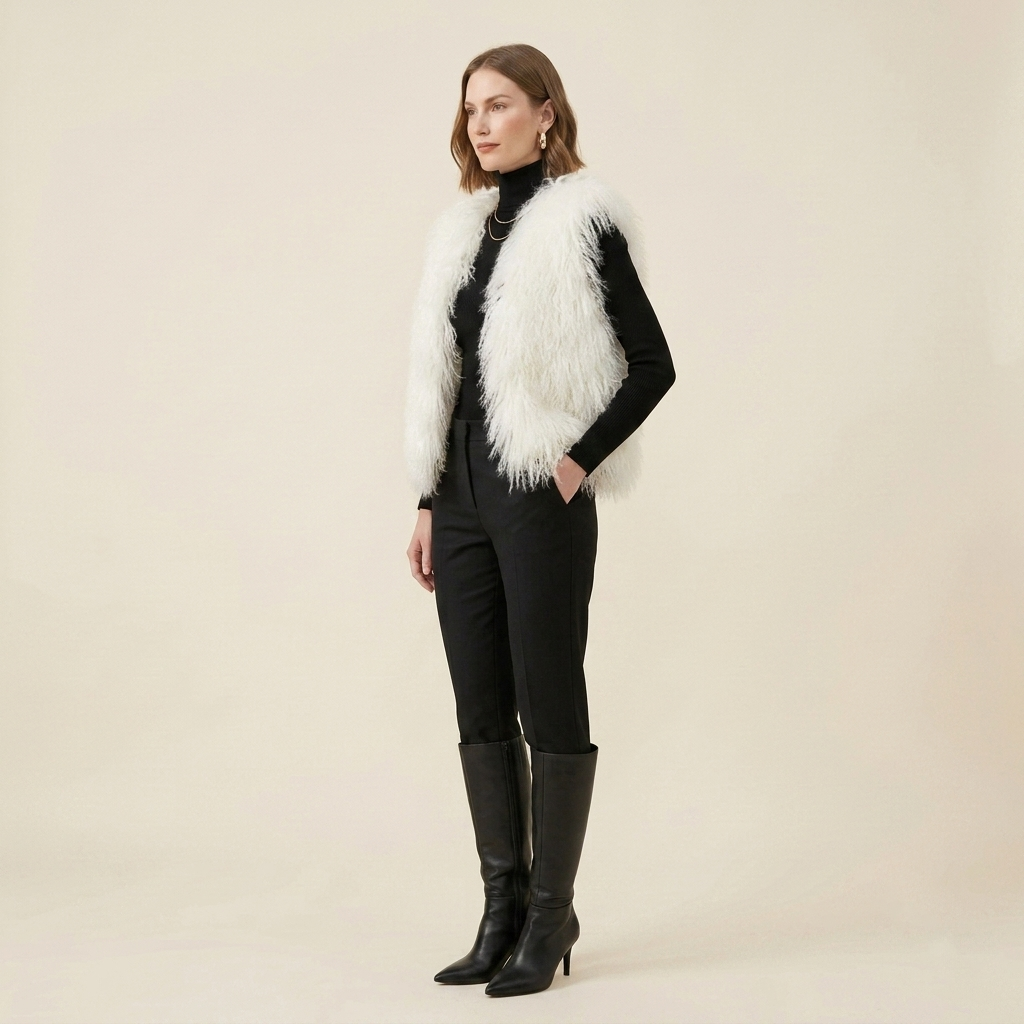Genuine Natural White Mongolian Lamb Fur Vest – 21 Inch Luxury Curly Fur Vest