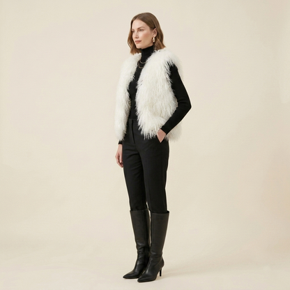 Genuine Natural White Mongolian Lamb Fur Vest – 21 Inch Luxury Curly Fur Vest