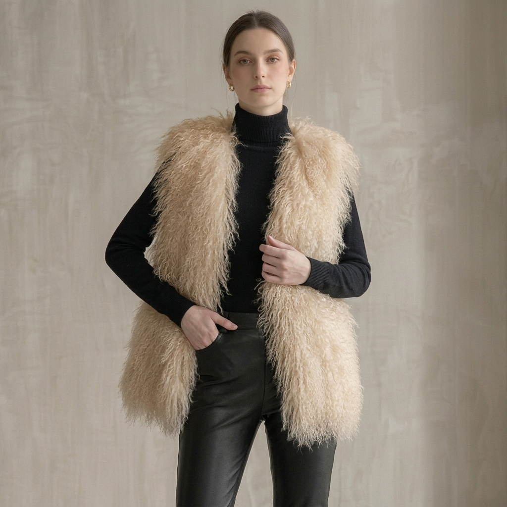 Genuine Champagne Cream Mongolian Lamb Fur Vest – 26 Inch Luxury Curly Fur Vest